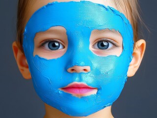 Striking minimalist image of a young child with a solid blue face mask, their piercing gaze adding depth and simplicity to this modern art inspired composition