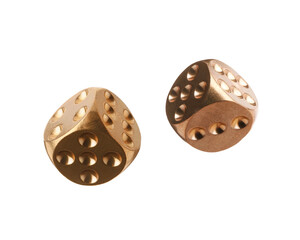 Two golden dice in air on white background