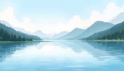 Fototapeta premium Serene digital landscape of mountains and lake under clear blue sky, tranquil environment, copy space