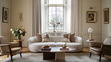 Fototapeta premium Interior design of the stylish living room with modern neutral sofa decoration and elegant personal accessories in home decor.