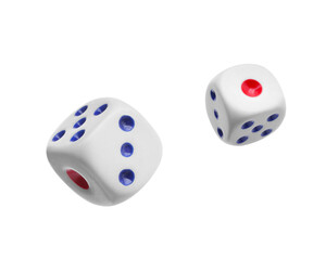 Two dice in air on white background