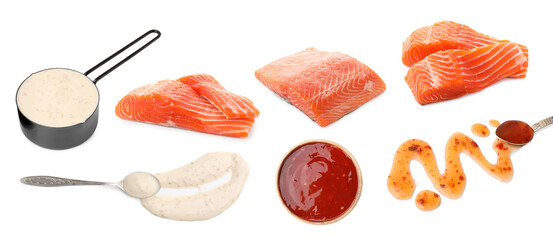 Different types of red fish marinade and salmon pieces on white background