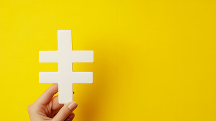 Obraz premium Close-up of a human hand holding a large white hashtag sign against a yellow background for social media marketing