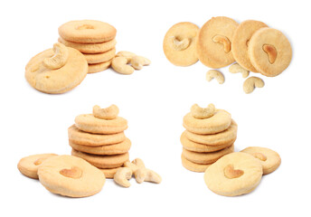 Tasty cookies with cashew nuts isolated on white, collage