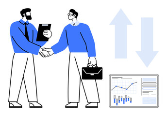 Two businessmen shaking hands, one holding a clipboard and the other a briefcase. Up-and-down arrows and a data analytics board with graphs. Ideal for teamwork, business deals, data analysis