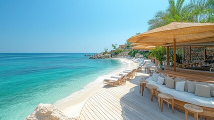 Obraz premium Beach bar with lounge chairs and umbrellas on a pristine beach.