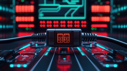 Naklejka premium Ethernet network and efficiency concept, A futuristic digital interface featuring a sleek device with glowing buttons, connected by cables, set against a backdrop of vibrant neon lights.