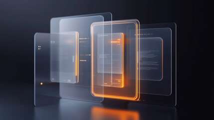 Futuristic Transparent Interfaces: Sleek, translucent devices with glowing orange accents, showcasing innovative app designs and futuristic technology.