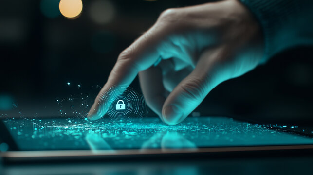 A futuristic hand interacting with a tablet, the fingerprint sensor glowing bright blue as holographic locks and security symbols appear around the device