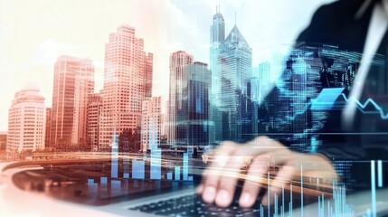 Close-up of hands on a laptop keyboard with a transparent overlay of global stock markets and city buildings.