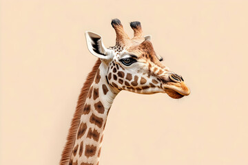 Naklejka premium Young Giraffe Portrait, Zoo Setting, Beige Background, Wildlife Conservation.