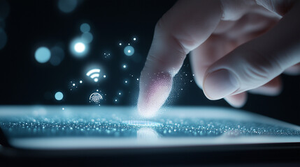 A close-up of a finger pressing a tabletâs fingerprint sensor, glowing white with holographic biometric patterns and symbols of secure digital access floating nearby
