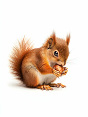 Obraz premium Adorable Red Squirrel Eating Nut on White Background.