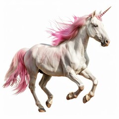 Majestic unicorn with a flowing pink mane and tail gallops freely against a white background