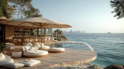 Luxurious beachfront bar with infinity pool, offering stunning ocean views and comfortable seating.