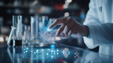 A close-up of a scientistâs hand manipulating a floating augmented reality display of a cosmetic chemical formula, with glowing molecular structures and lab glassware in the backgr