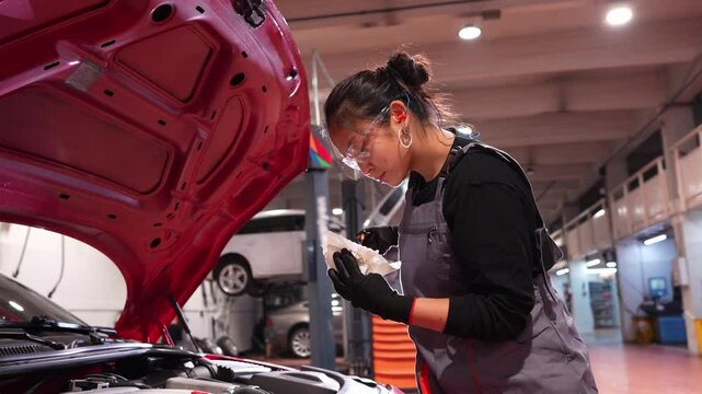 Young chinese woman wearing gloves and apron checking engine oil level in a car repair shop