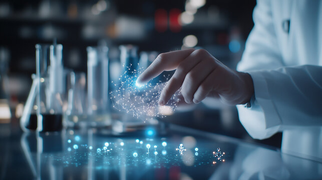 A close-up of a scientistâs hand manipulating a floating augmented reality display of a cosmetic chemical formula, with glowing molecular structures and lab glassware in the backgr