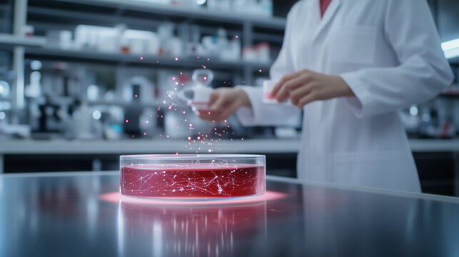 A researcher in a high-tech laboratory using augmented reality to analyze the chemical makeup of a cosmetic product, the formula dynamically changing in mid-air as lab instruments