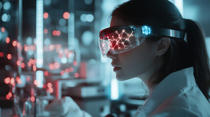A scientist wearing augmented reality glasses in a laboratory, observing the chemical structure of a beauty product projected in 3D, with glowing molecules and lab equipment surrou