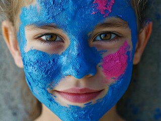 Cheerful close up of a child with vibrant blue and pink paint on their face, showcasing playful creativity and artistic exploration in a bright and lively setting