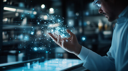 A digital close-up of a scientistâs hand navigating through an augmented reality interface, analyzing the chemical formula of a skincare product, while glowing molecular structures
