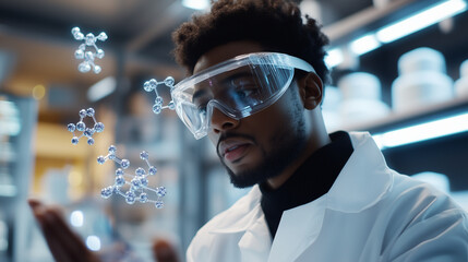 A scientist in a modern laboratory using augmented reality to explore a digital chemical formula of a cosmetic product, with floating molecular structures and data-driven visuals s