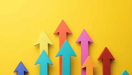 Abstract background with colorful arrows pointing upwards on a yellow background, representing growth and progress in business or life Generative AI