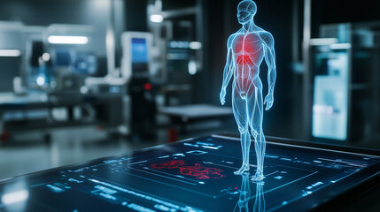 A futuristic digital health scanner analyzing a 3D model of the human body, symbolizing AI-powered diagnostics