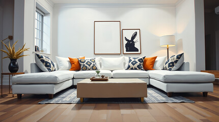 Fototapeta premium light-colored sectional sofa with orange and patterned throw pillows, a coffee table, and framed art pieces