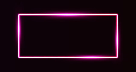 Realistic pink neon rectangle frame on dark background. Fashion retro frame with glow effect. Illuminated geometric shape. Electric light horizontal neon lamp. Vector illustration