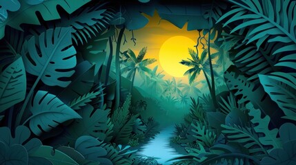 Lush tropical jungle landscape with dense overgrown foliage and a mysterious enchanting atmosphere  Vibrant verdant greenery and a moody