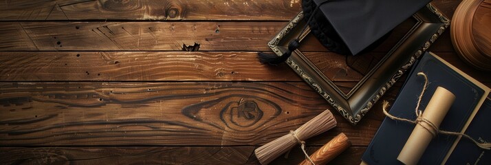 Framed graduation memory against a backdrop of school items and copy space for celebration. Generative AI