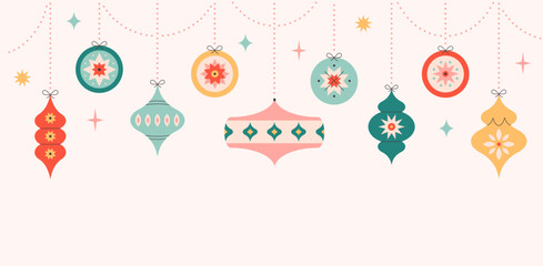 Background with Christmas tree toys. Christmas ornaments. Merry Christmas or Happy New Year greeting card. Vector illustration in flat style