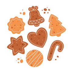 Decorated Gingerbread Cookies. Holiday pastry, sweet cookies. Vector illustration in flat style