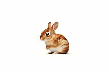 Obraz premium Cute baby bunny sitting, isolated on white background, perfect for Easter cards or pet websites.
