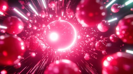 Abstract visualization of vibrant pink spheres radiating light, creating dynamic movement and energy in a cosmic space environment showcasing beauty and depth.