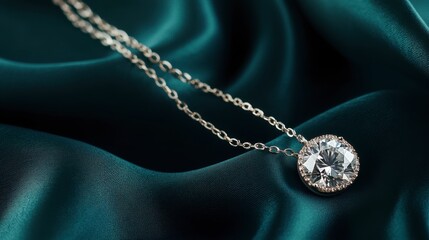 Fototapeta premium Elegant Silver Necklace with Round Diamond on Green Silk Background
