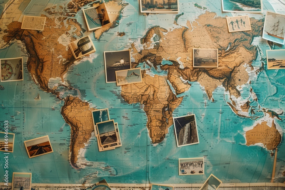 Fototapete Travel memories displayed on a world map with ample space for customization and creativity. Generative AI
