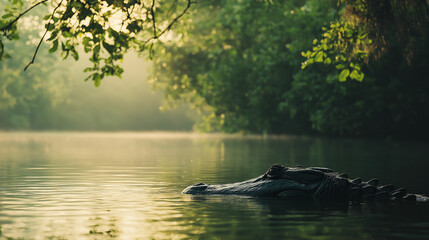 Alligator partially submerged in tranquil river at dawn