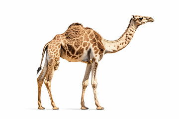 Dromedary camel standing, profile view, isolated white background, desert animal, zoology, wildlife illustration.