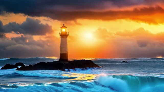A lighthouse stands firm against crashing waves under a dramatic sunset sky. Perfect for travel, nature, and resilience themes.. AI Generation