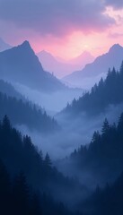 Mysterious mountain landscape at dusk with fog and vibrant sunset, dramatic atmosphere, copy space