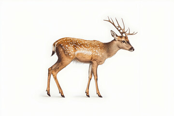 Fallow Deer Profile, Walking, White Background, Wildlife Illustration, Nature Print.