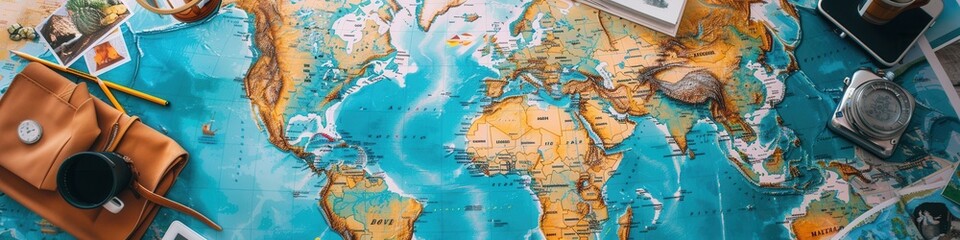 Obraz premium Traveling through memories with photos on a world map as a backdrop showcasing adventures and journeys across the globe. Generative AI