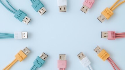 Ethernet network and efficiency concept, A colorful arrangement of USB cables with various connectors, displayed on a light blue background.