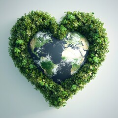 3D Illustration Of Earth Shaped Like A Heart, Wrapped In Lush Green Foliage On A Light Background. A Symbol Of Love For Nature, Sustainability, And Environmental Care For A Balanced And Harmonious Fut