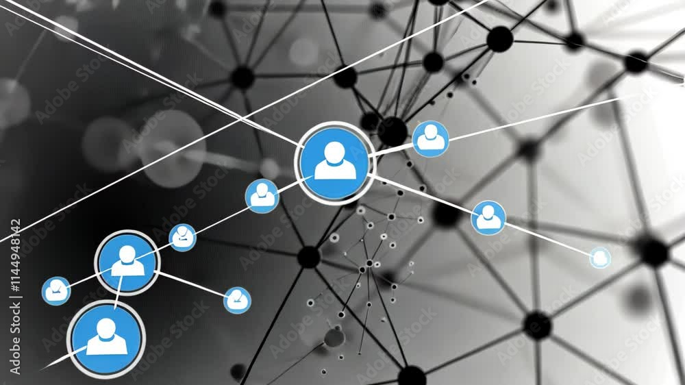Poster a complex design showcases interconnecting nodes and lines in black and white, symbolizing digital n