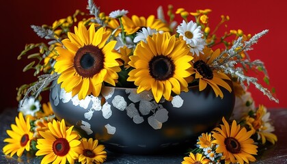 Matte black ceramic urn with bright sunflowers and daisies