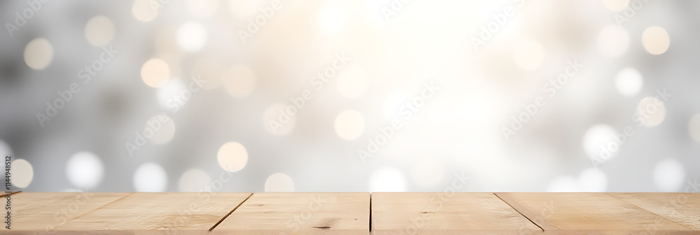 Poster wooden table top with empty space on a white bokeh background suitable for christmas and new year ce